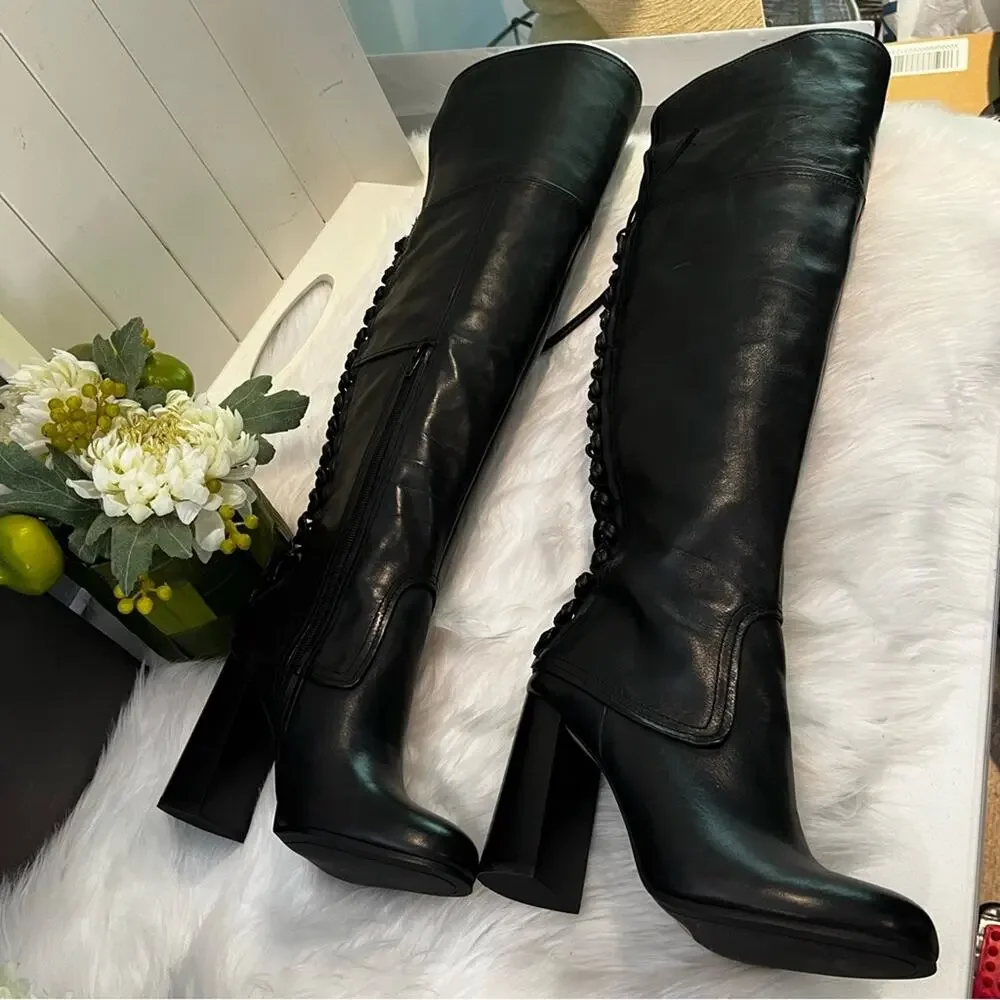 NEW Vince Camuto Corset Calf Leather Laced Tolla Over The Knee Boots Black Sz 6